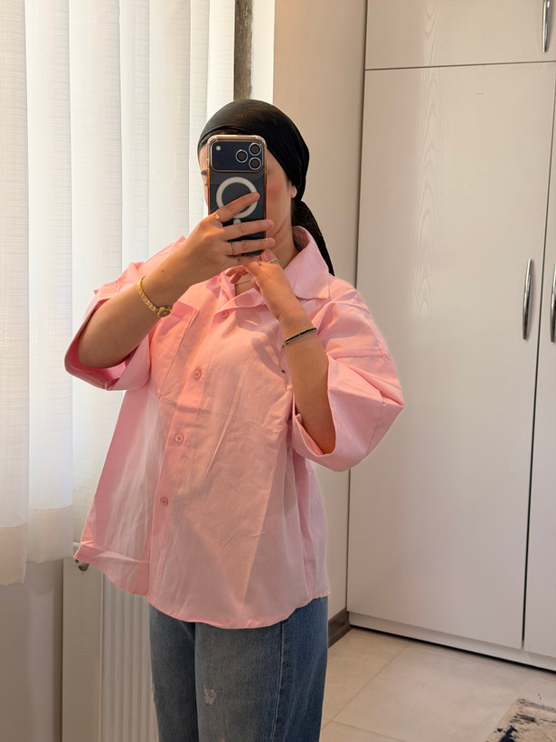 شومیز باکسی پاستیلی بهاره رنگ صورتی پودری - پی ام کالکشن